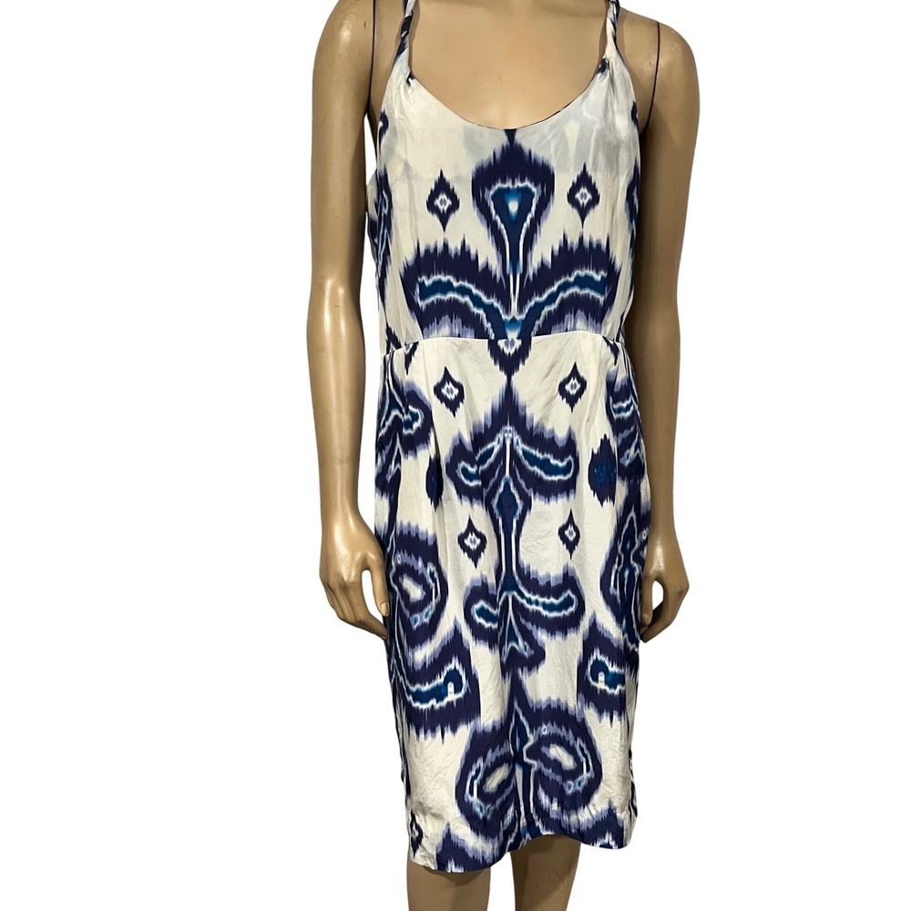 Banana Republic Blue White Ikat Silk Blend Midi Dress Tie Back Old Money 12T